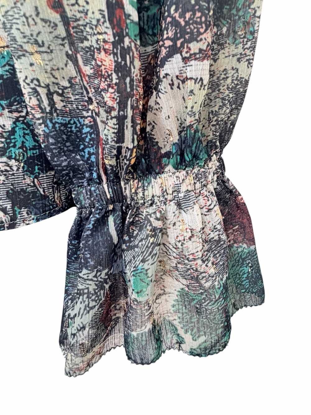 White House Black Market M Scenic Toile Print Sheer Blouse Ruffle Cuff - Picture 12 of 15